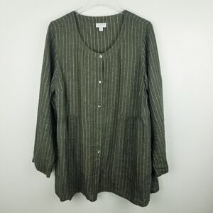 Pure Jill 100% Linen Green Striped Button Front Dress Tunic